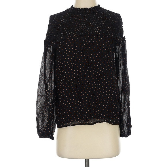 Sanctuary Tops - Sanctuary Black Blouse with Orange Dots – Size XS | Mock Neck | Long Sleeve Top